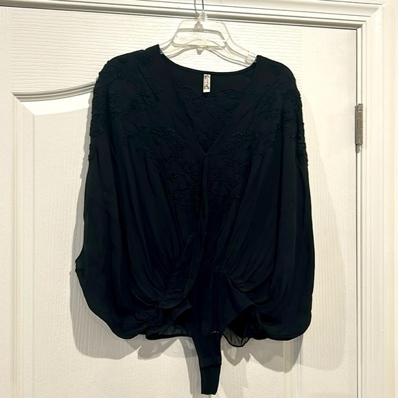 Free People Tops - Free People black embroidered flouncy bodysuit!
